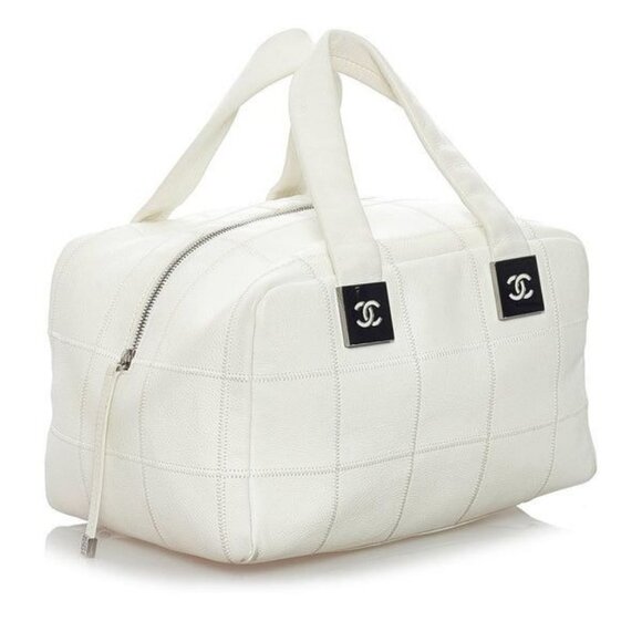 Authentic CHANEL CC Caviar Leather Boston Bag Bowler Shoulder Bag White Tote - Picture 2 of 10